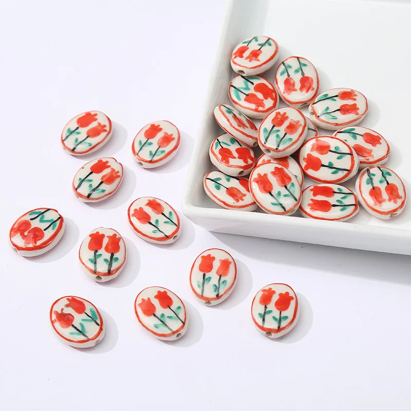 5pcs Hand Painted Flower Ceramic Beads 20X15X5mm Oval Shape Loose Spacer Porcelain Bead For Jewelry Making DIY Accessories