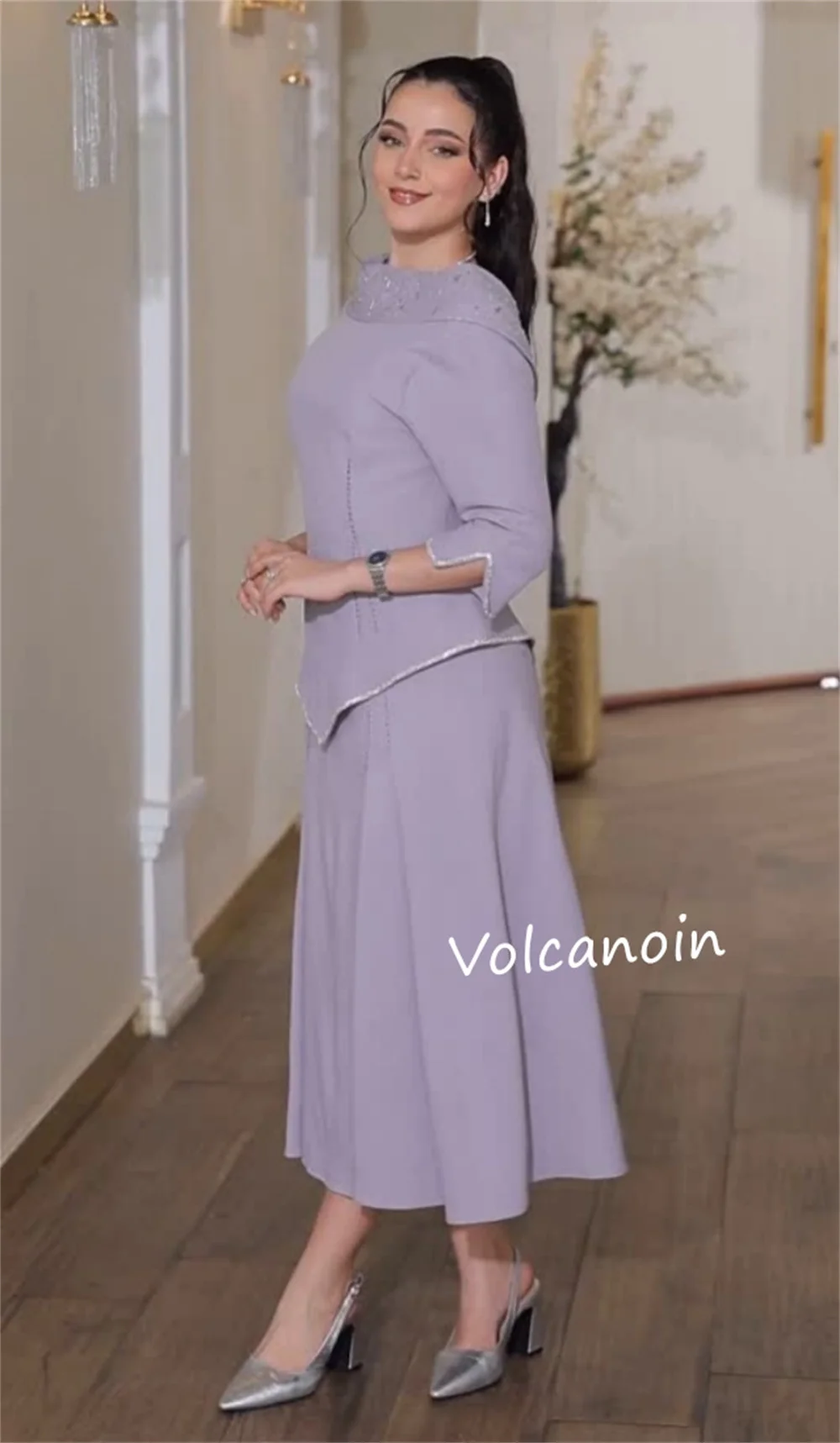 Customized Jersey Sequined A-line High Collar Midi Dresses Bespoke Occasion Party Elegant Simple Classic