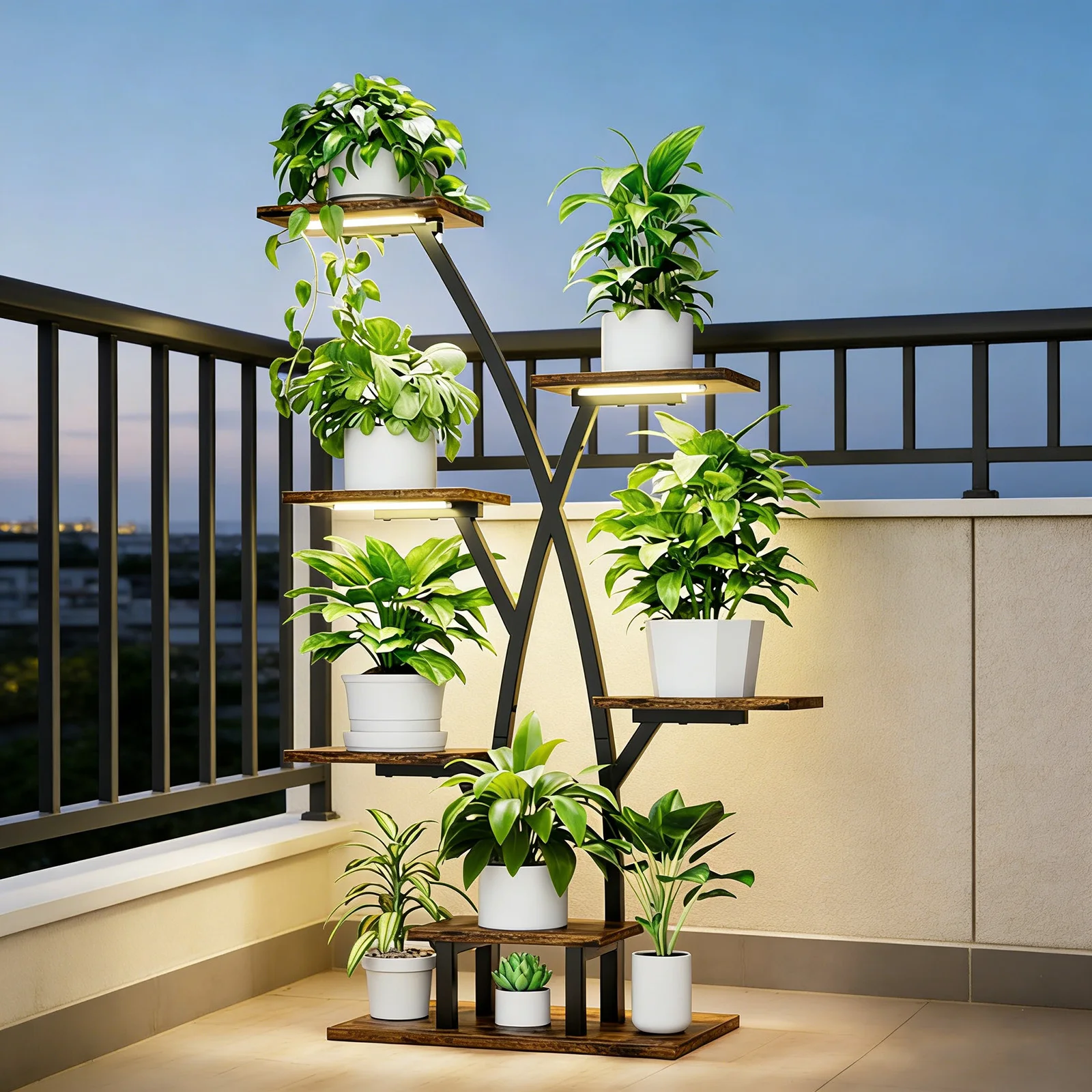 Support à plantes en métal à 7 niveaux avec éclairage de culture, cadre métallique de 106 cm, grandes étagères pour plantes, support d'angle pour plantes pour salon, patio, jardin