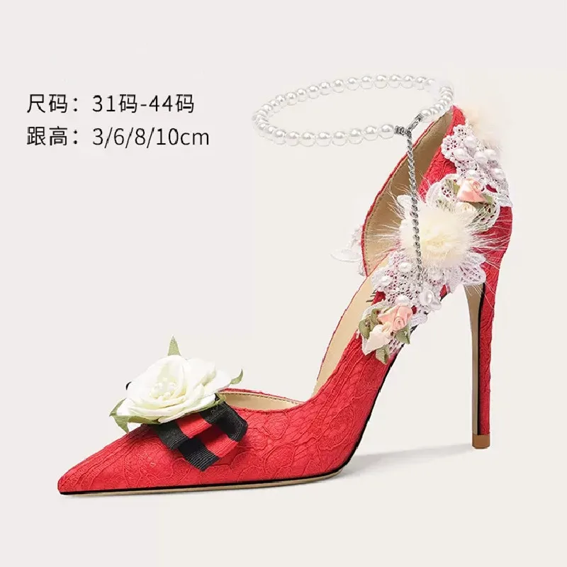 

Spring/Summer Pointed Lace Pearl Flower Sandals with Thin High Heels for Banquet Dresses in Large and Small Sizes for Women Shoe