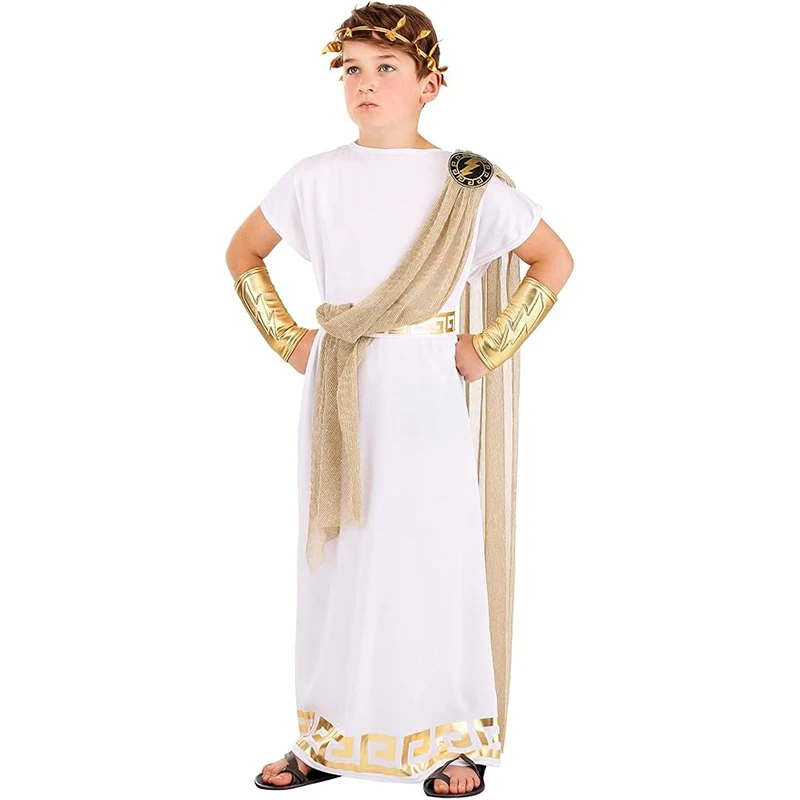 2025 Nuovo arrivo Ragazzo Dio greco Toga Purim Halloween Dress Up Ancient Grecia Bambini Zeus Costume