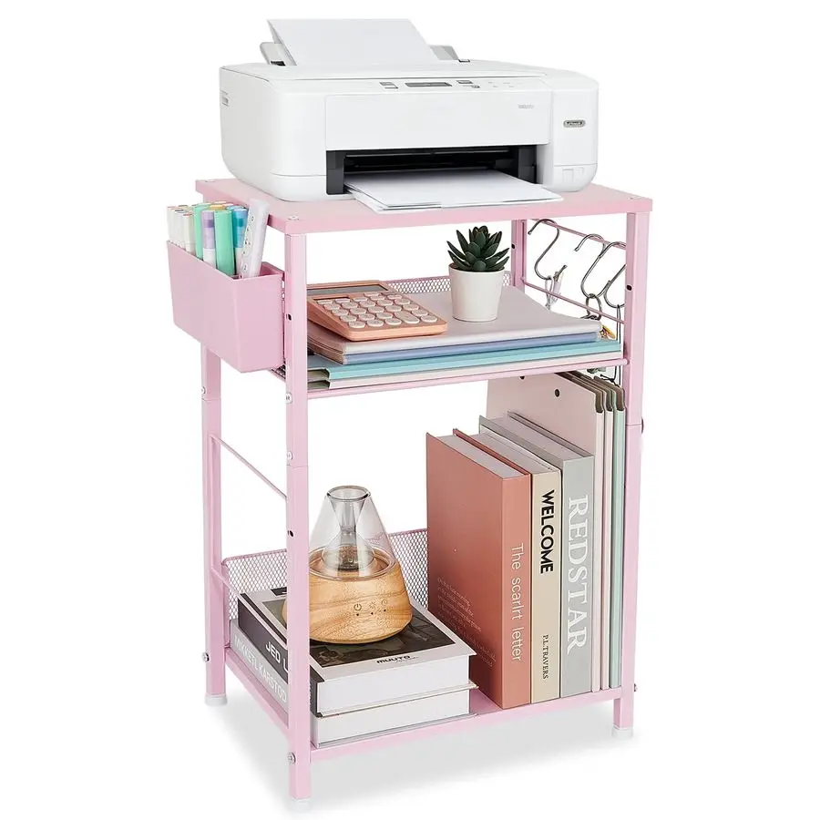 

Under Desk Storage, Pink Printer Stand with Storage Shelf, 3Tier Height Adjustable Printer Table with Basket amp 3 Hooks for Hom