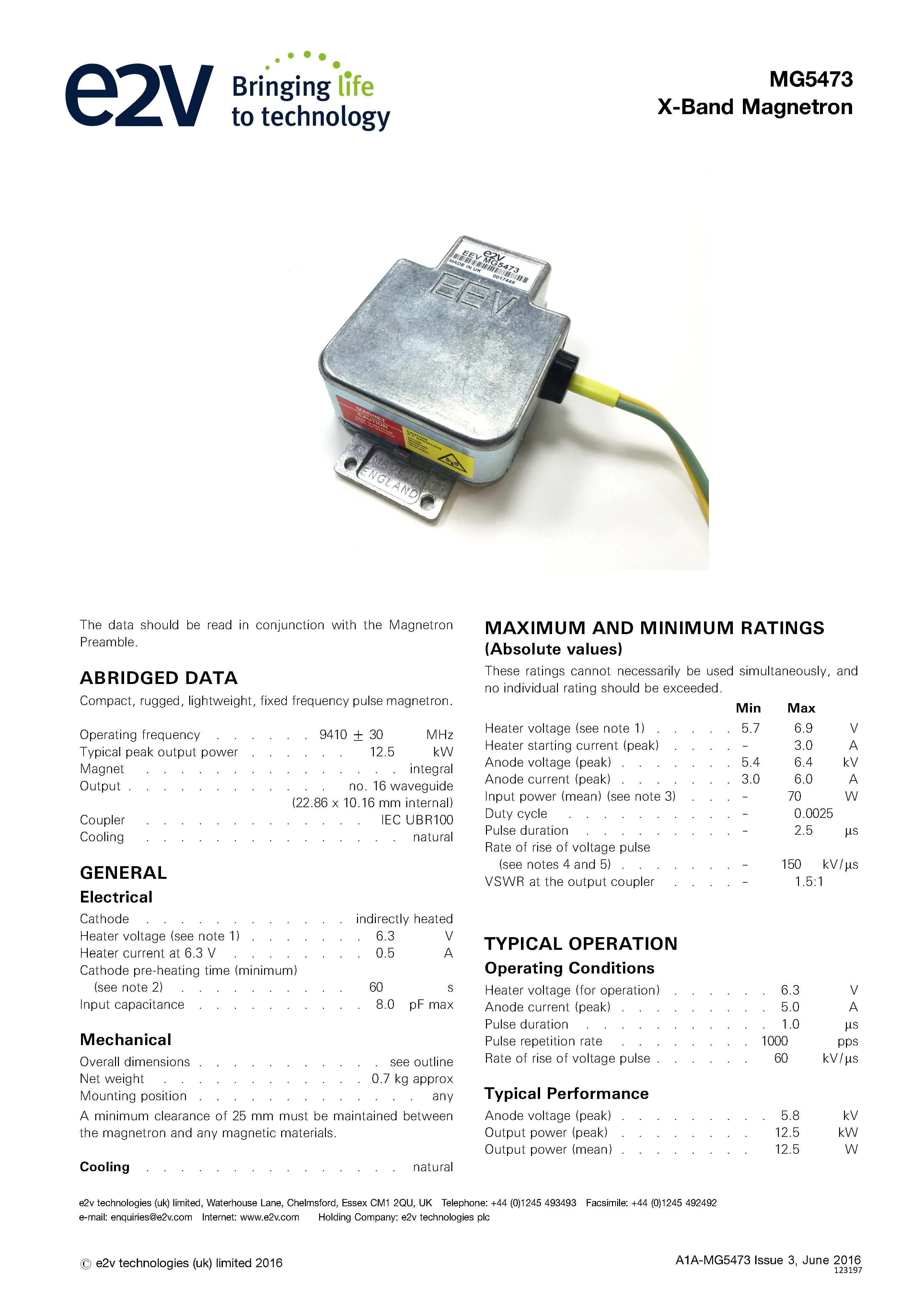 UK MG5473 E2V 12.5KW 9GHz X band magnetron Marine electronics maritime navigation communication Furuno marine radar spare parts