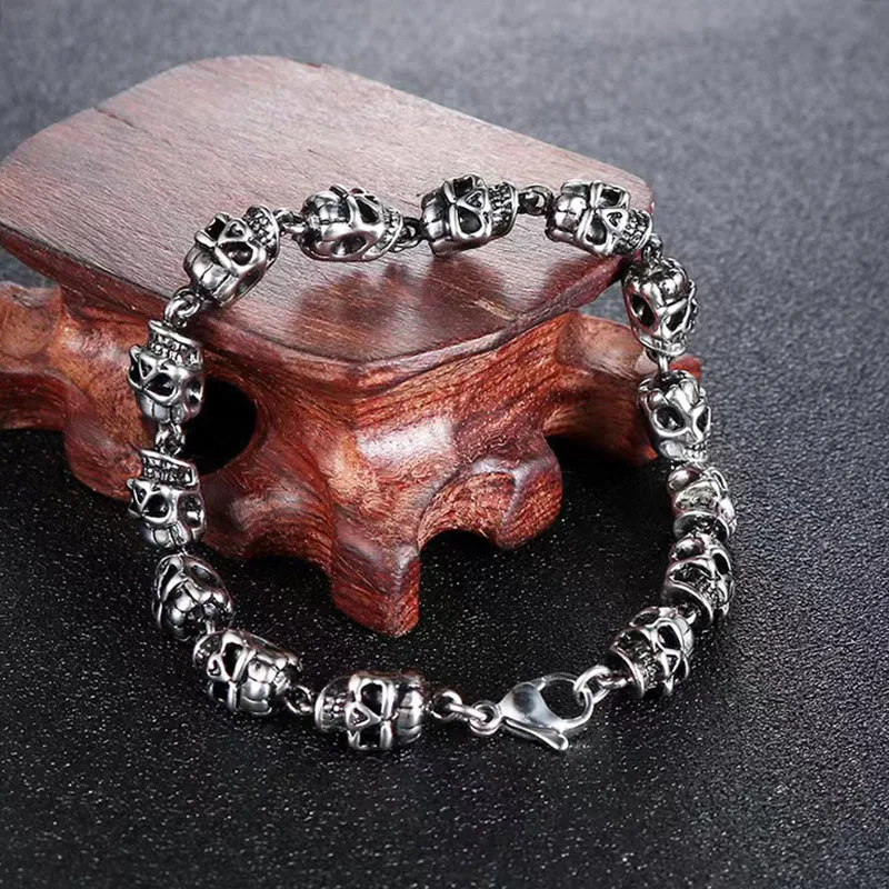 Cool Rock Style Steampunk Skull Bracelet for Men Women Alloy Skeleton Beaded Bracelet Hiphop Tibetan Prayer Beaded Bracelet New