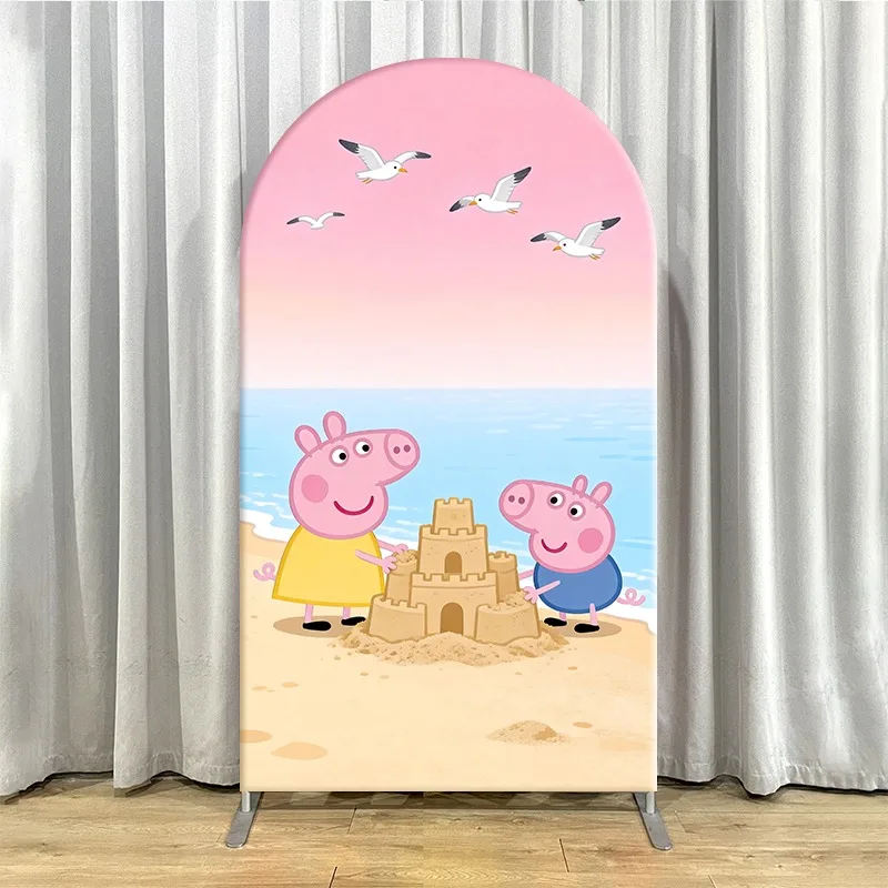 2D Flat Arch Backdrop Cover Single Layer Non-Stretch Fabric Beach Themed Party Set with Peppa Pig Characters and Sea Scenes
