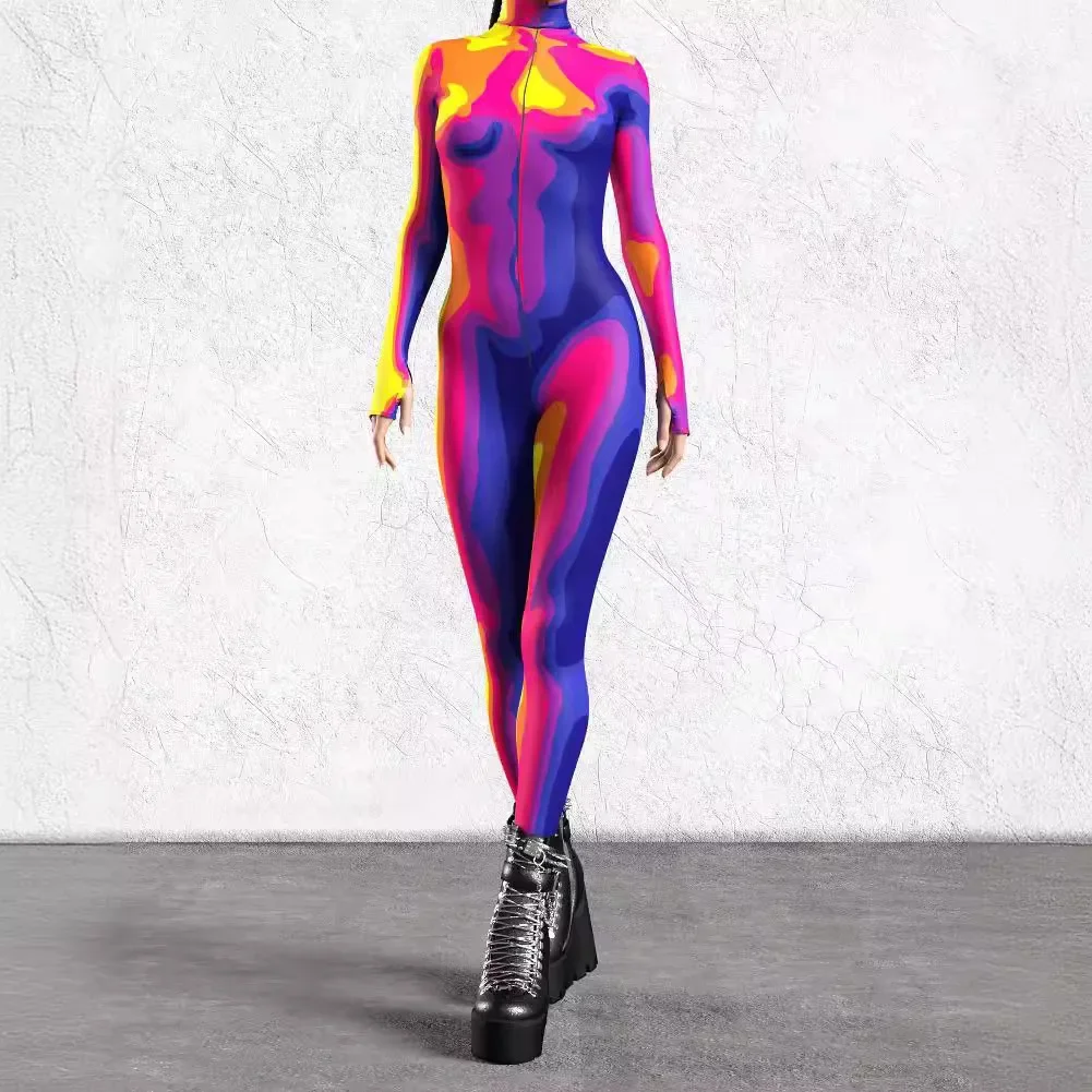 クールな機械式コスプレ衣装パンク鎧プリントボディスーツパンクハロウィンパーティージャンプスーツ女性ファッションポリエステルアート全身タイツスーツ