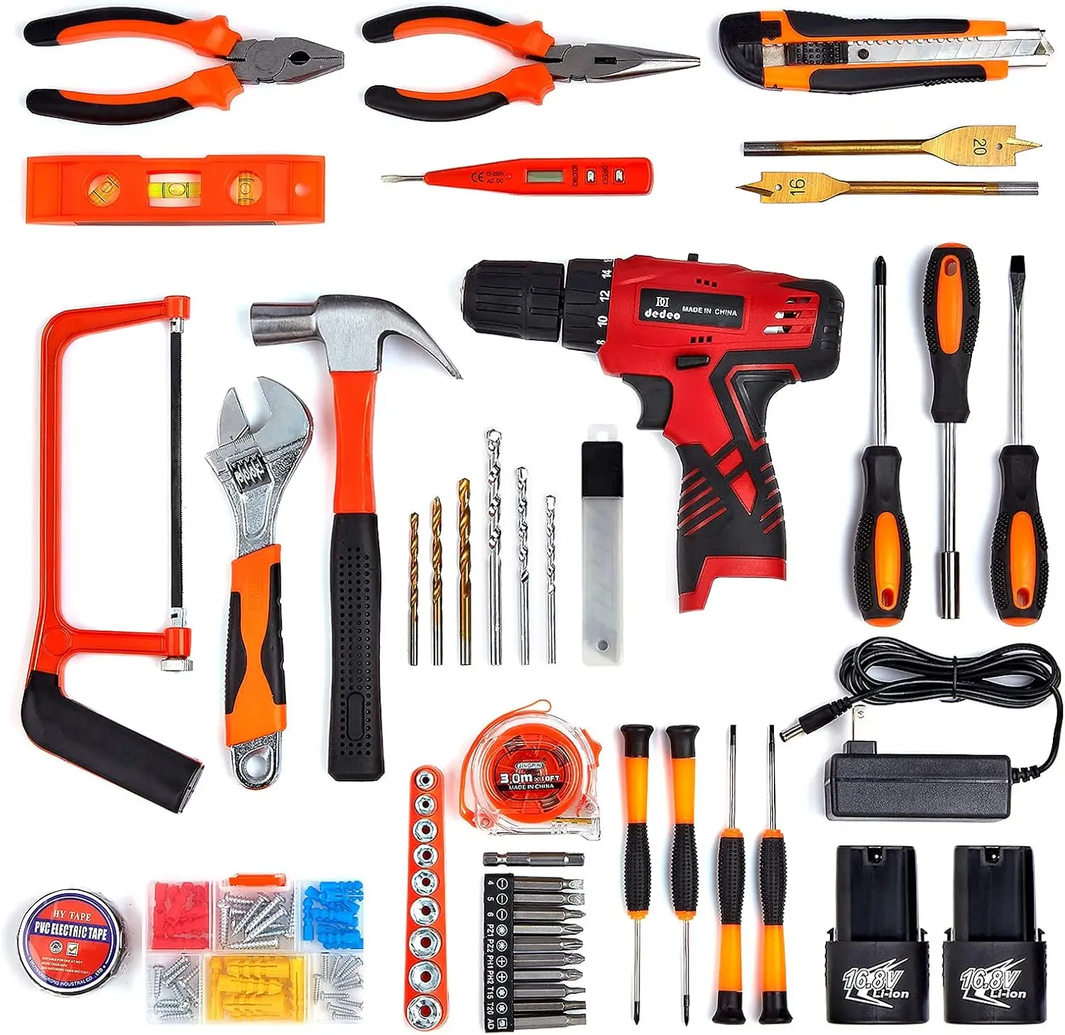 DIY home electric tool set with drill bit, 108 cordless drills, 16.8V lithium-ion driver, claw hammer wrench pliers