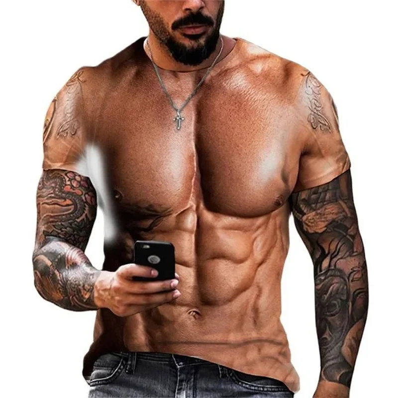 2024 New Men's Muscle Tattoo Graphic T-shirts 3D Printed Funny Fitness Sports Tees Tops Summer Fashion Outdoor Muscular Clothes