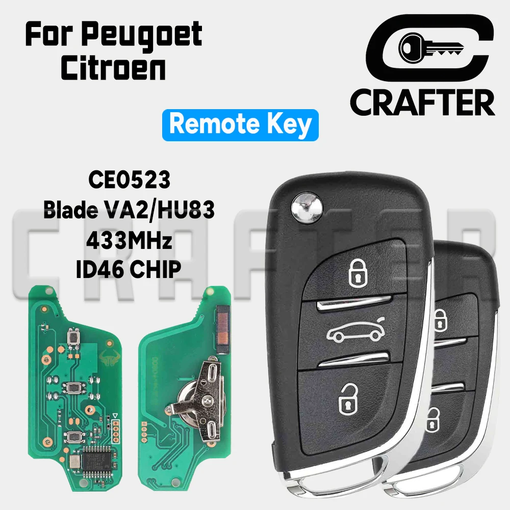 Key Crafters CE0523 ID46 PCF7961 433MHz ASK/FSK Blade HU83/VA2 Folding Remote Car Key For Citroen C2 C3 C4 Peugoet 207 307 308