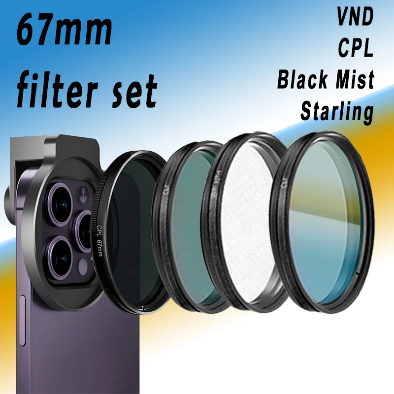 

67mm Filter Set Phone Lens Includes Variable ND Filter CPL Star Black Soft with Metal Clip for iphone smartphones Mobile Phone