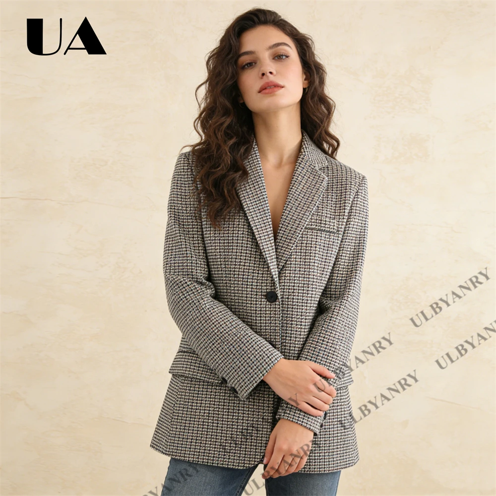ULBYANRY Houndstooth Blazer Jacket, Classic Plaid Suit Coat for Women Office Work Business Casual Vintage Style