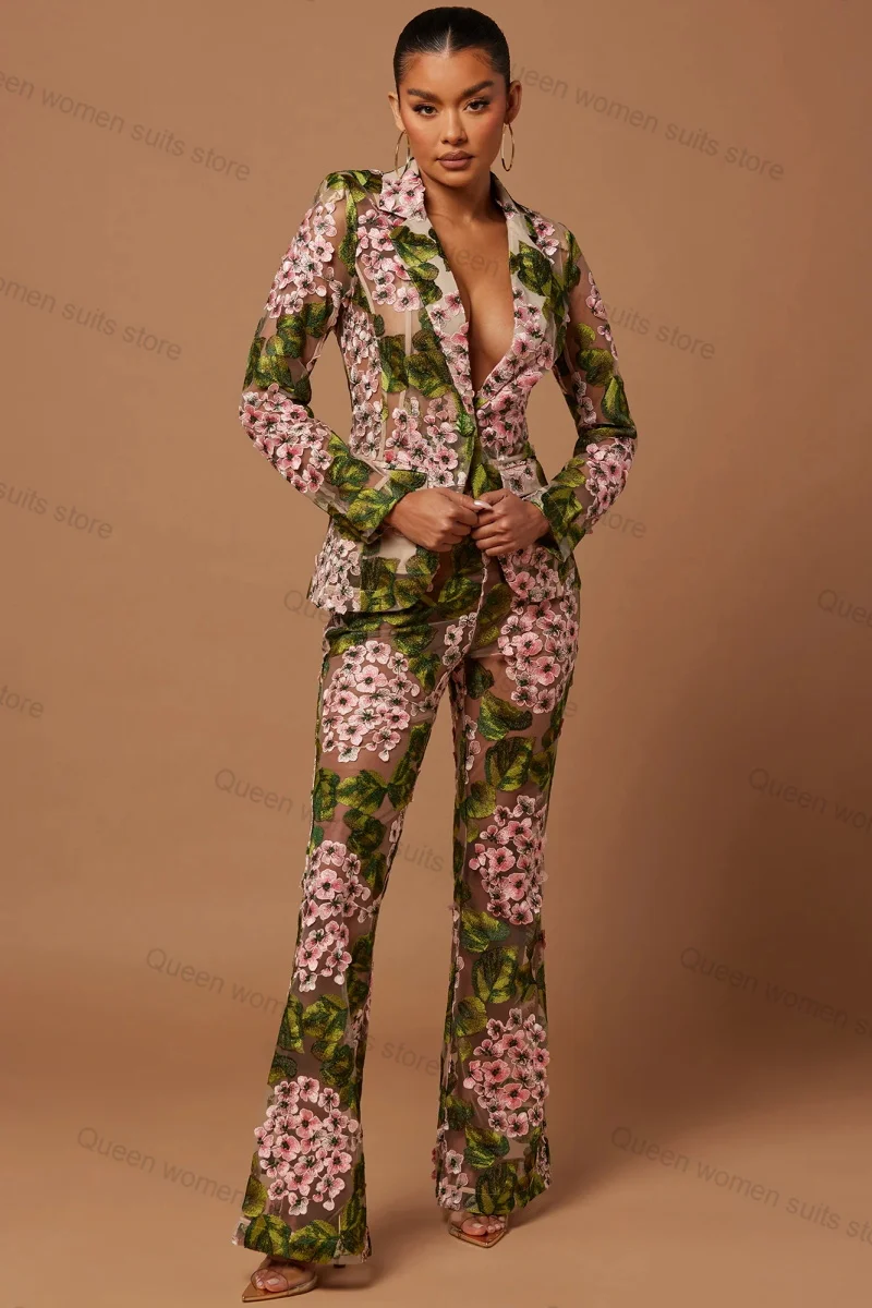 Designer Bloemen Damespak Broek Set 2 Delige Blazer + Broek Formele Office Lady Jasje Feest Prom Dress Luxe Op Maat Gemaakt