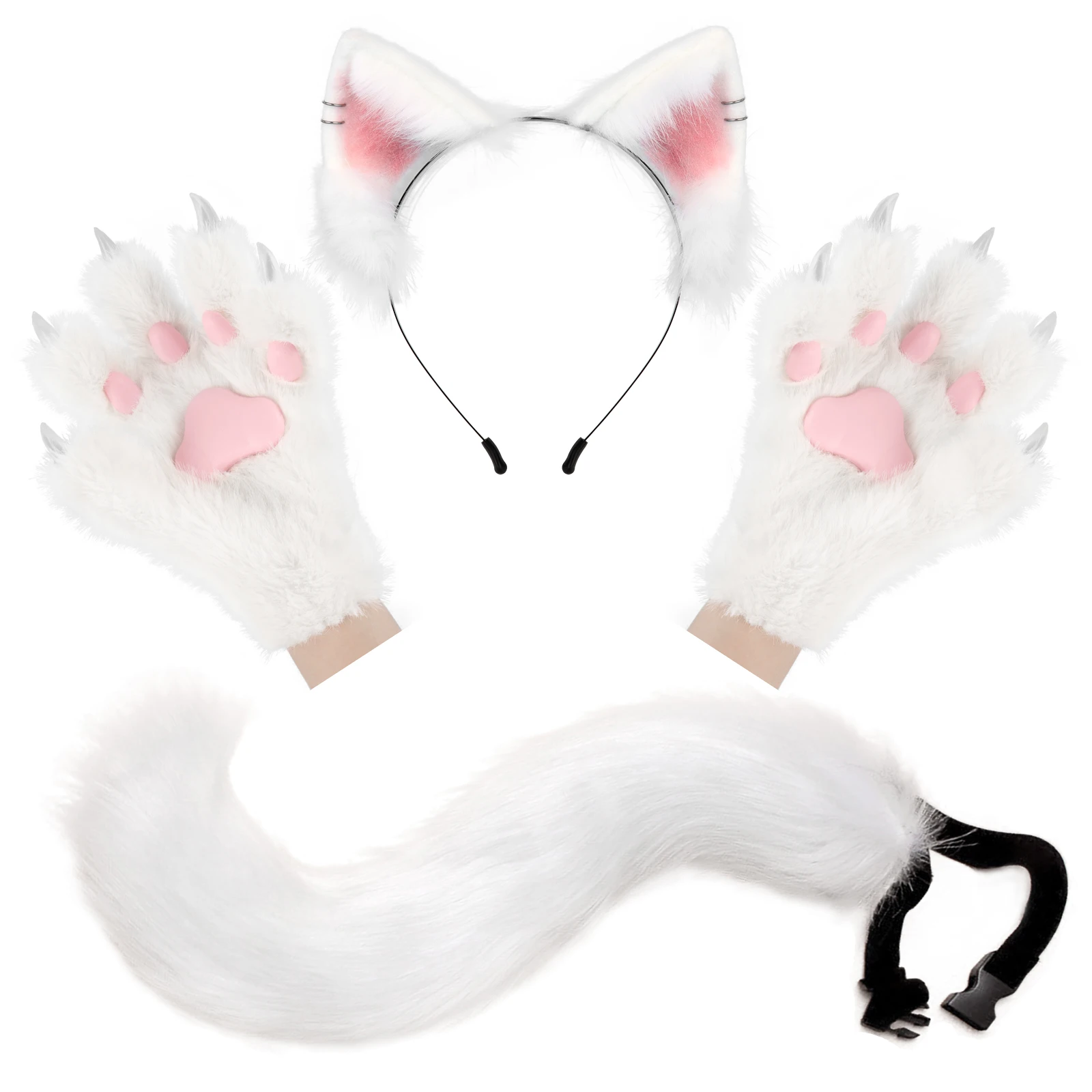 Flauschige Katzenohren, Katze, langer Schwanz, plus süße Katzenpfoten, Handschuhe, Set, Cosplay, Kostümzubehör, Halloween, Karneval, Party, Anzieh – Detail 6