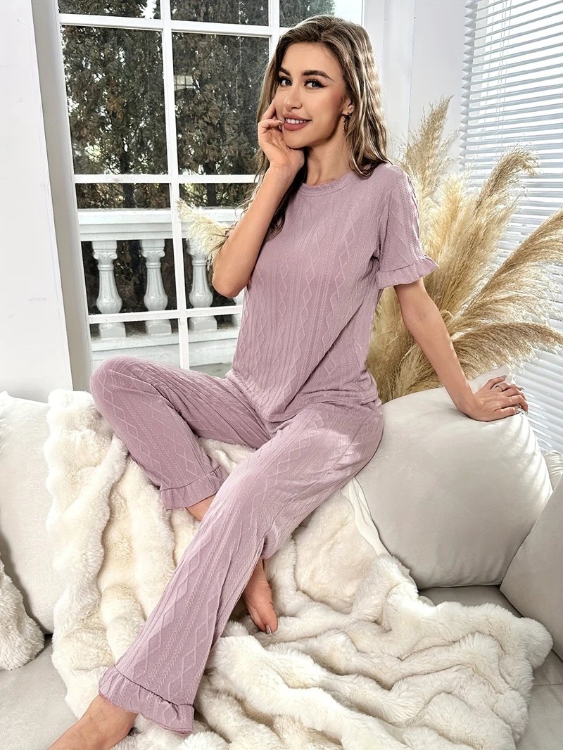 

Elegant Purple Pajama Set Solid Short Sleeve Crew Neck Top And Elastic Pants Gentle Style Fit Women's Sleepwear Loungewear Pjs