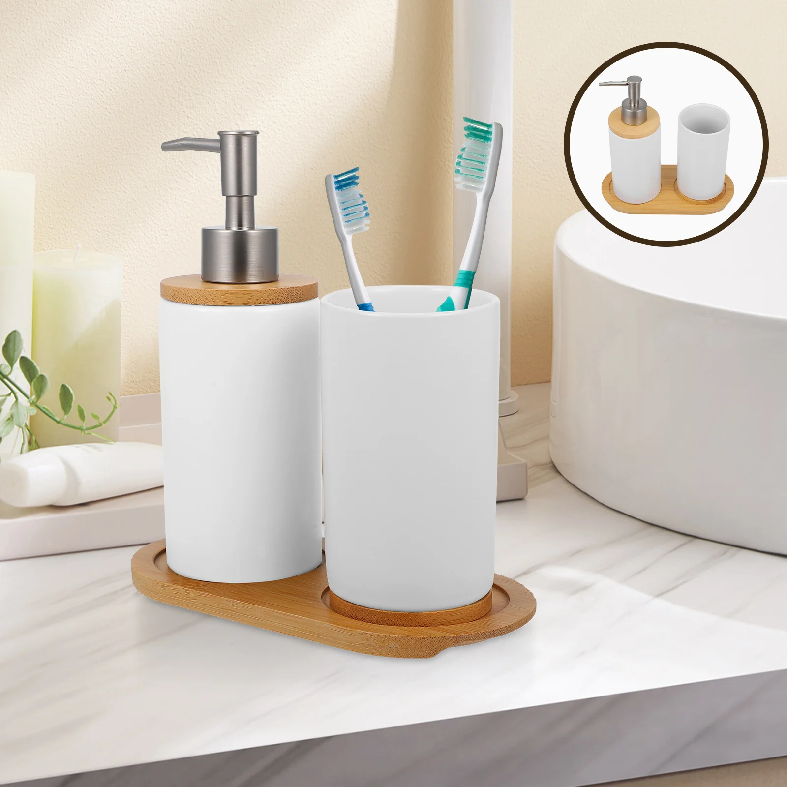 

1 set 1 Set Of Ceramic Bathroom Vanity Countertop Accessories Set Toothbrush Holder Cup Lotion Dispenser Soap Pump Refillable