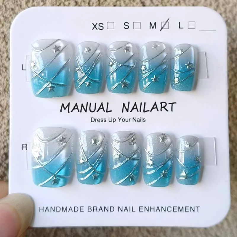 

10 шт. летних накладных ногтей с голубыми звездами и эффектом кошачьего глаза, ручной работы, для нанесения на ногти, серия Cool Stars