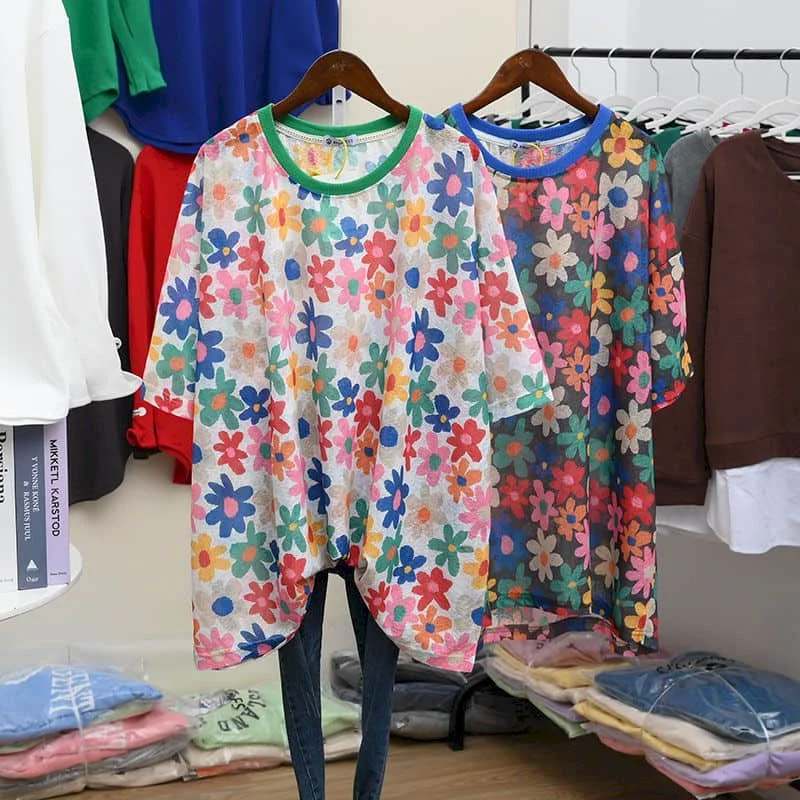

T-shirts for Women Knitted Ice Silk Gothic O-neck Sunscreen Tops Oversized Casual Korean Style Smock Half Sleeve Summer Clothes