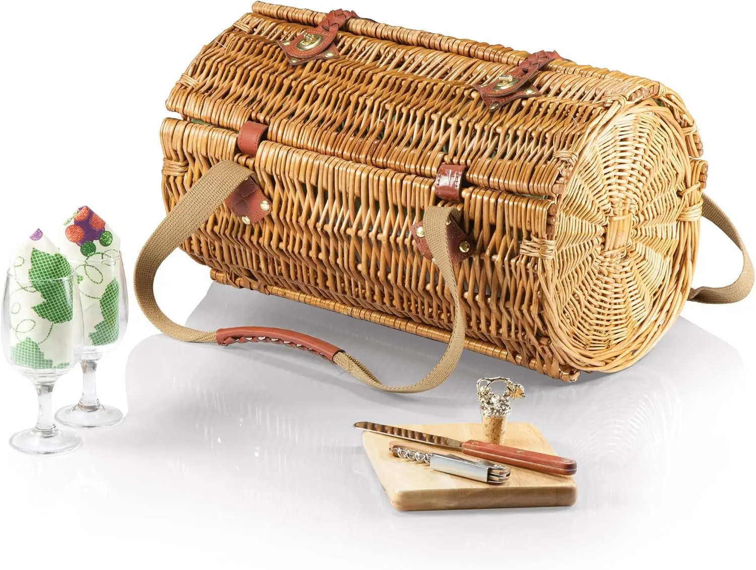 Verona Wine And Cheese Picnic Basket Romantic English Style Rounded Wooden Wicker Basket With Deluxe Service For 2 Fully Lined Interior Handwoven Pine Green