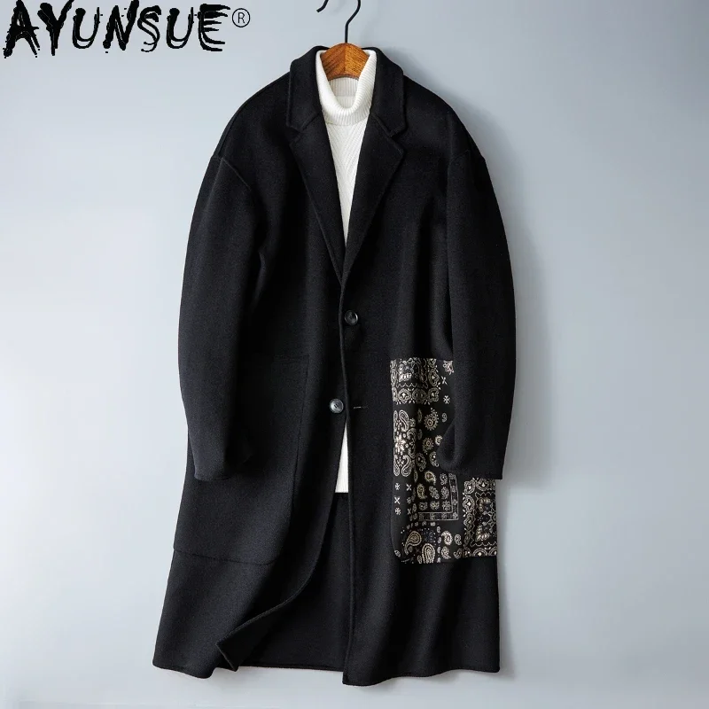 AYUNSUE Winter 75% Wool Double-sided Coat Men Lapel Casual Chinese Style Printed Medium Woolen Jacket for Men Trendy Chaqueta F