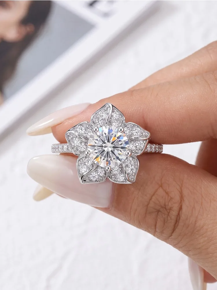 Echter 1ct zertifizierter Moissanit-Diamant, personalisierter Blumenring für Damen, Dating, 925 Sterling Silber, hochwertiger Schmuck – Detail 2