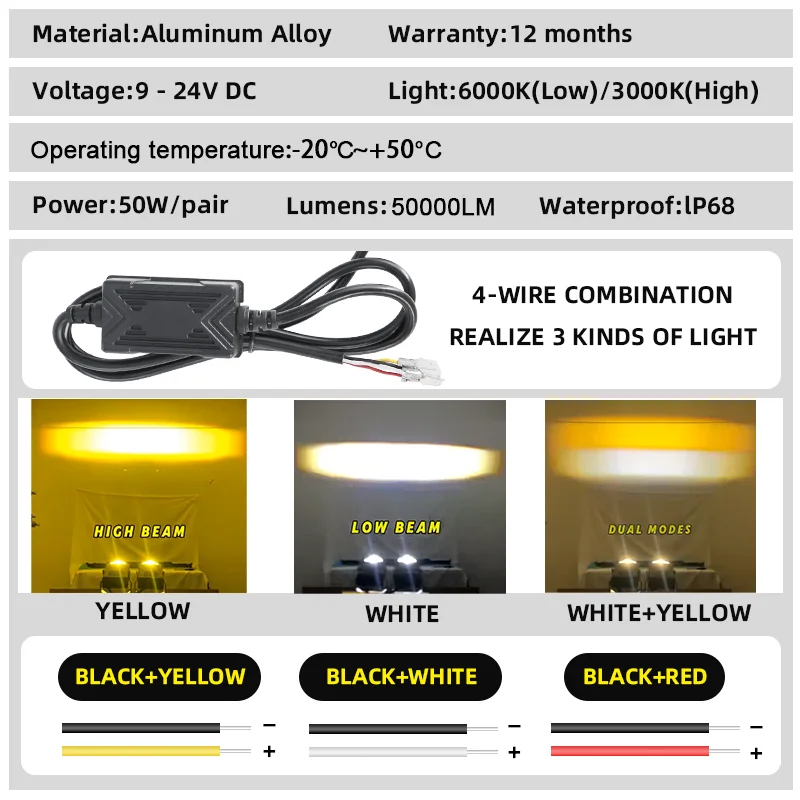 Car LED Auxiliary Headlight Spotlight Dual Color White Hi/Lo Beam Bright Driving Fog Light Waterproof Universal for Motorcycle
