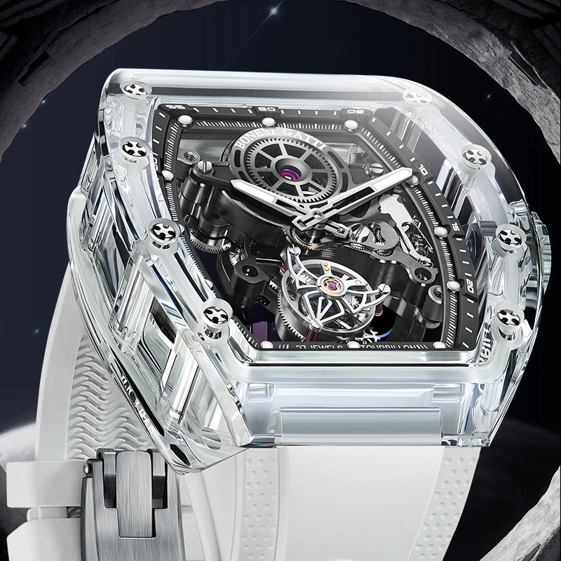 BONEST GATTI automatic movement Tourbillon Mechanical Wristwatch Crystal Case Luminous watch Fluororubber Strap Watches for men