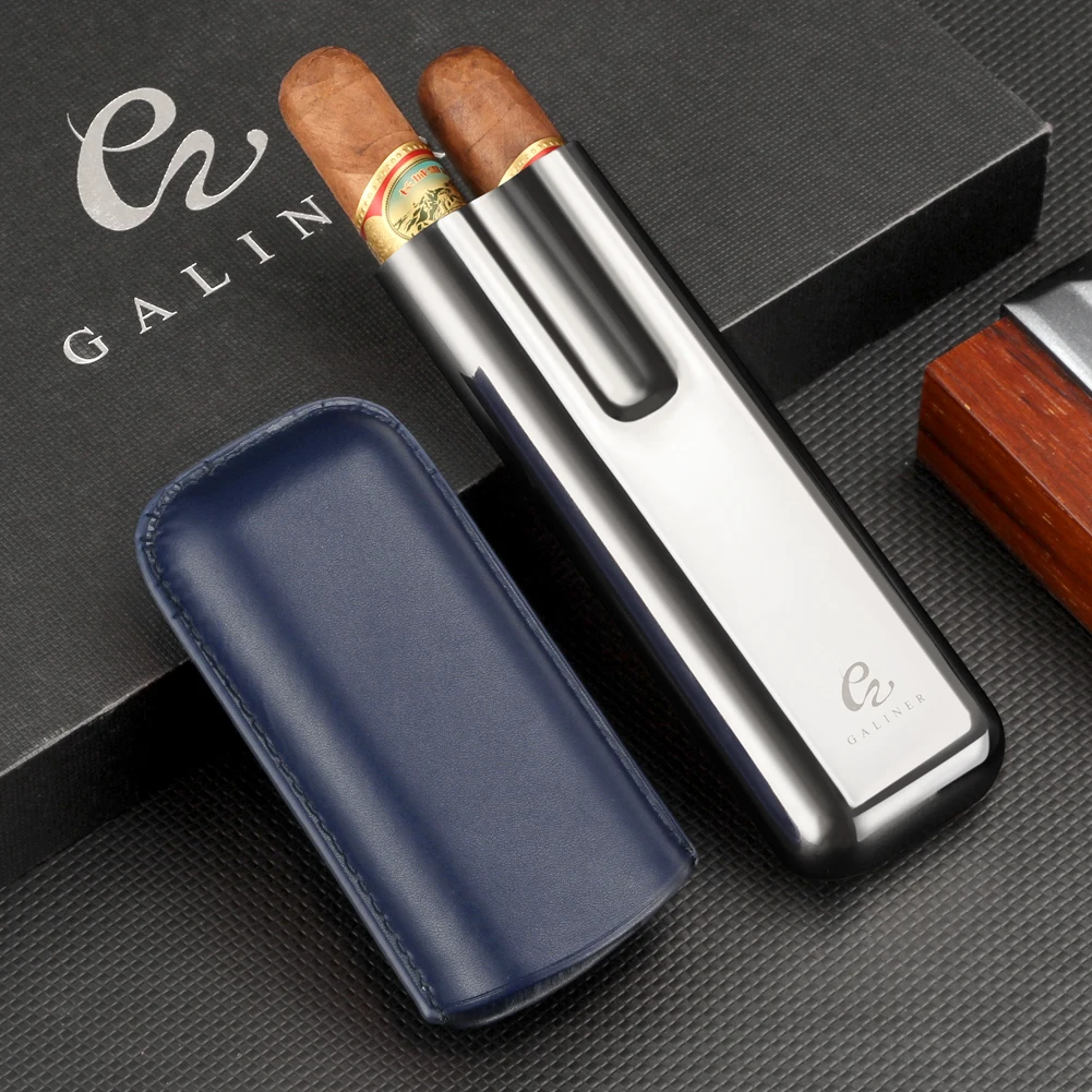 GALINER Genuine Leather Cigar Case Metal Humidor 2 Tubes Luxury Cigar Box Storage Tool Cigar Accessories