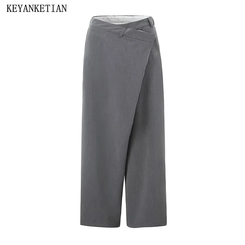 

KEYANKETIAN New Women's Asymmetrical Wide leg Pants High Street Zipper High Waist Loose Straight Long Trousers Mopping Pants