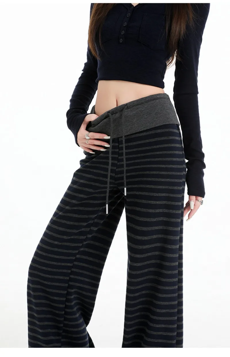 Women Contrast Color Stripe Wide Leg Trousers Vintage Grunge Casual Baggy Pant Y2k Aesthetic Straight Pants New Japan Streetwear
