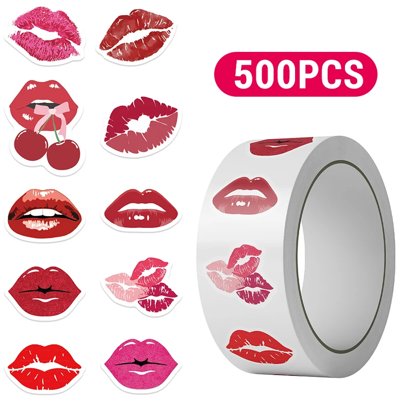 

500PCS Kissing Lips Stickers Valentines Day Theme Decorations Lip Roll Stickers Valentine's Day Bright Red Kiss Lip Print Decals