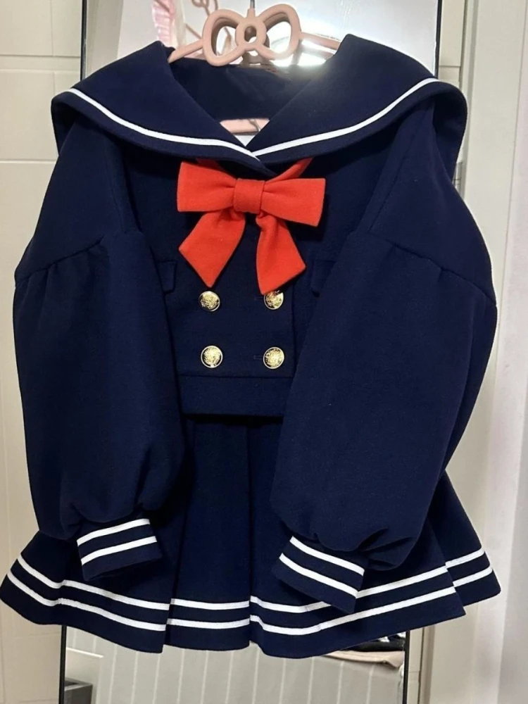 

Зимние японские милые элегантные комплекты из 2 предметов, женский костюм в полоску в консервативном стиле, мини-юбка, женский шикарный корейский популярный костюм