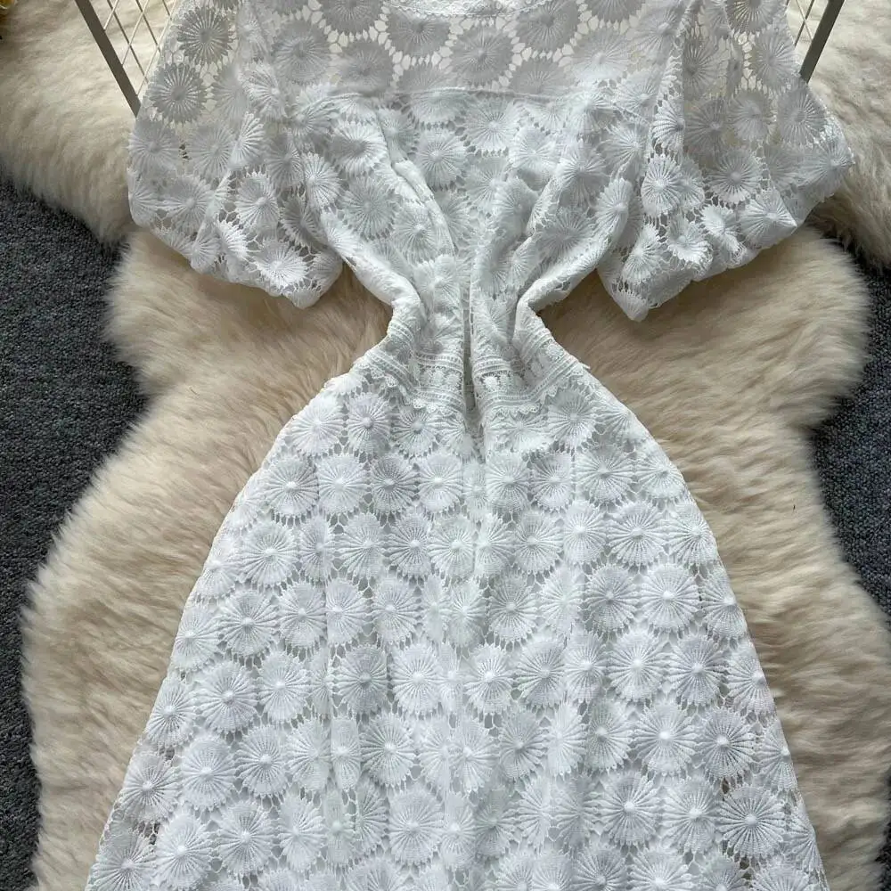 Sexy chic Hook flower hollow puff sleeve A-line dress Vintage Women Casual High Street summer women clothing