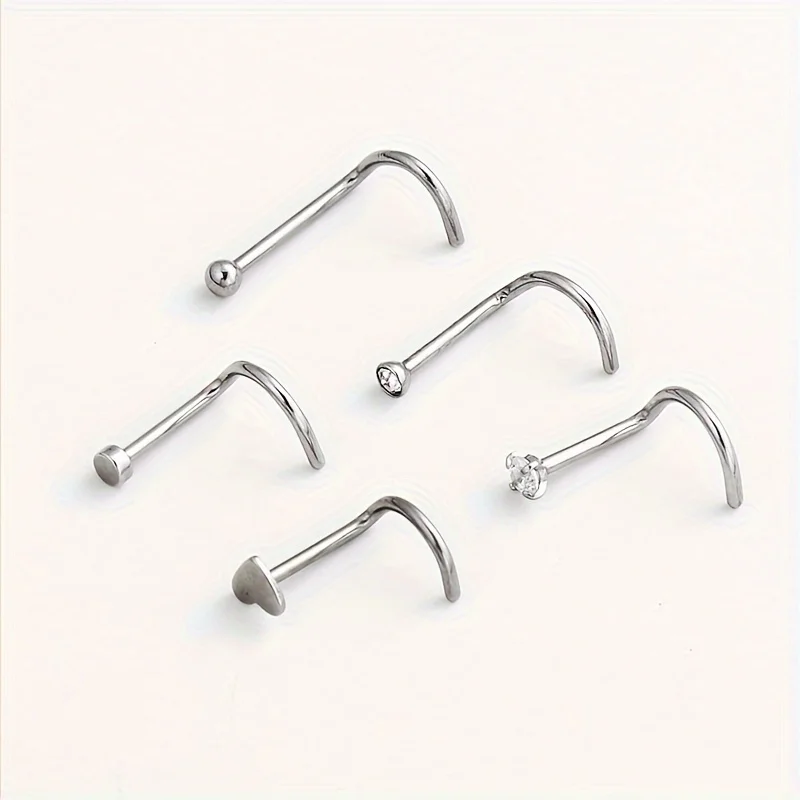 1pcs Stainless Steel Nose Nails Round Cubic Zirconia Nose Studs Piercing Jewelry Bend Rod Earrings Heart-Shaped
