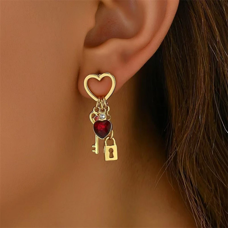 Light Luxury Heart Key Lock Shape Earring For Women Unique Design Crystal Zircon Red Love Bowknot Stud Earring Christmas Jewelry
