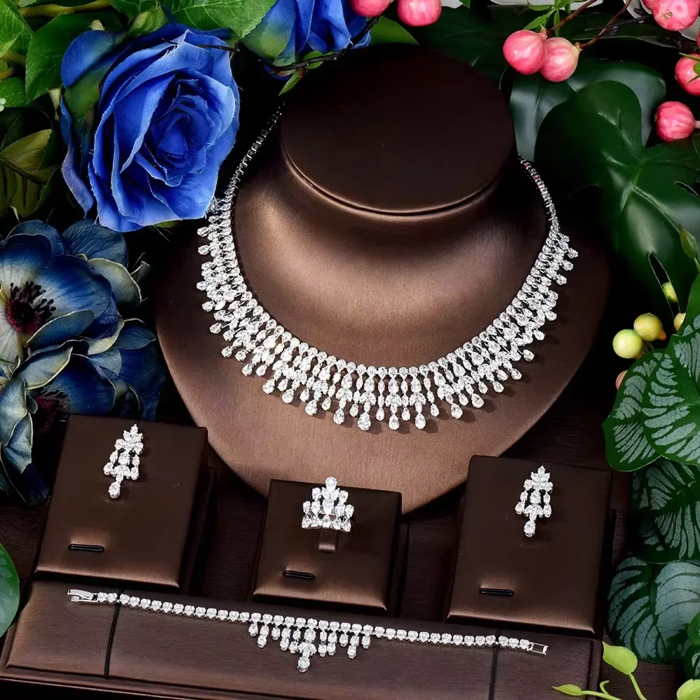 

HIBRIDE Hot 2025 New Urban Sense Water Drops 4 Pcs Super Shiny Necklace Earrings Dress Party Wedding Accessories Ladies S-401