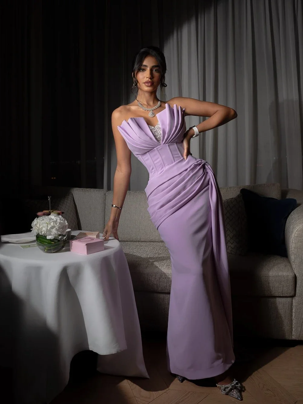 Purple Strapless Mermaid Prom Dress Sequins Satin Luxury Evening Dresses Saudi Arabia Women's Formal Request Party Wedding Dress