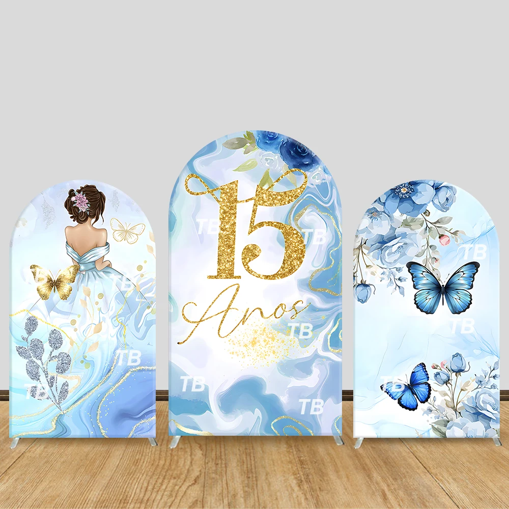 

15th Birthday Celebration Arched Backdrop Cover Blue Floral Butterfly Gold Decorations Photo Booth Supplies
