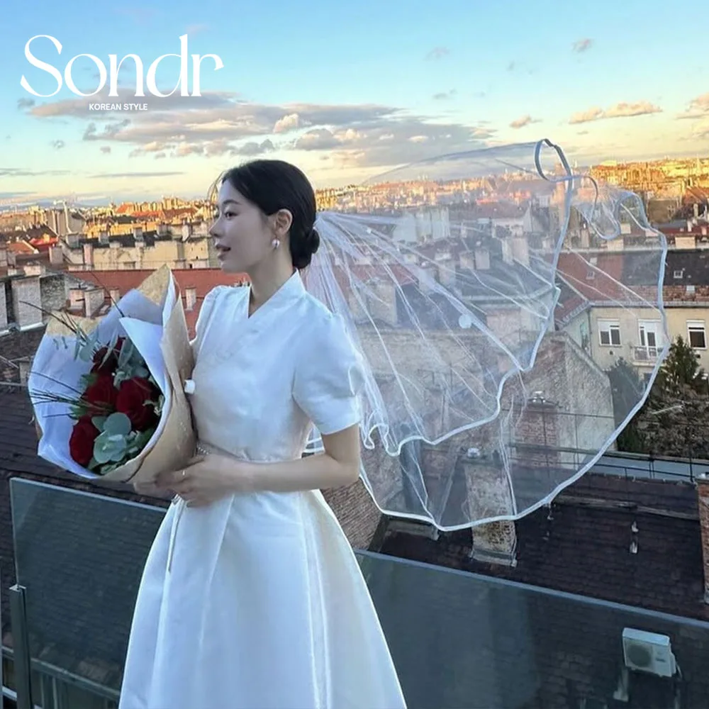 Sondr Abiti da sposa coreani eleganti a-line personalizzati Hanbok Raso di seta maniche corte Abiti da sposa moderni nne Anelli