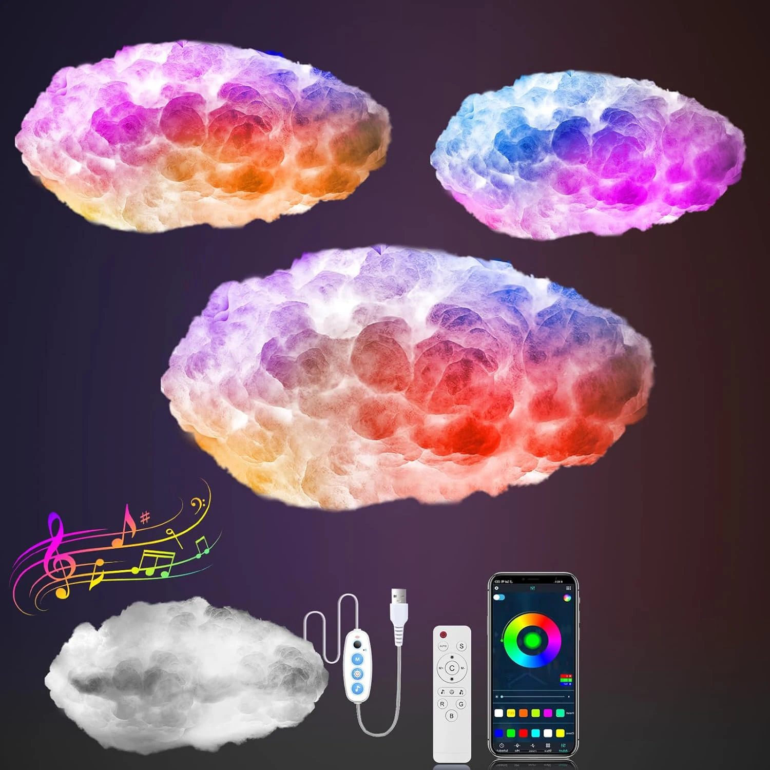 3D Big Cloud lightning Light Music Sync Multicolor Night light Changing Strip Light Remote APP NO DIY Coolest Decor Home Bedroom