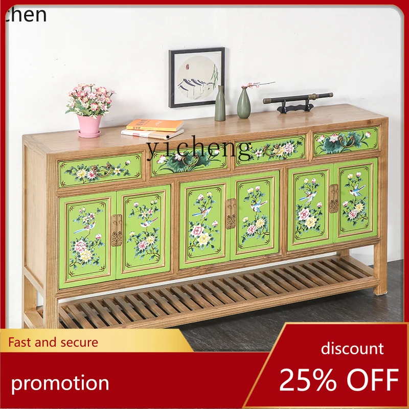 

YFY Hand-painted Solid Wood Sideboard Storage Cabinet Elm Wood Entrance Partition Shoe Cabinet Complete Furniture