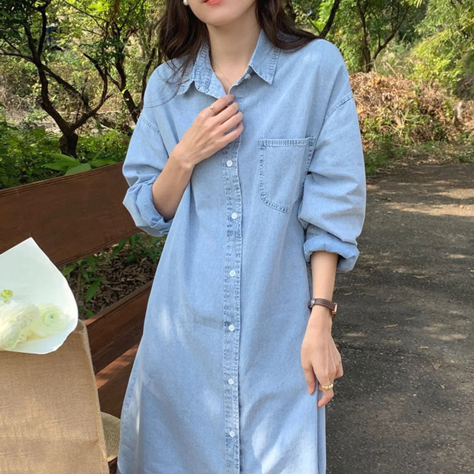 2024 Autumn Elegant Women's Denim Dress Long Sleeve Buttons Shirt Long Dress Female Fashion New Elegant Casual Ladies Clothes