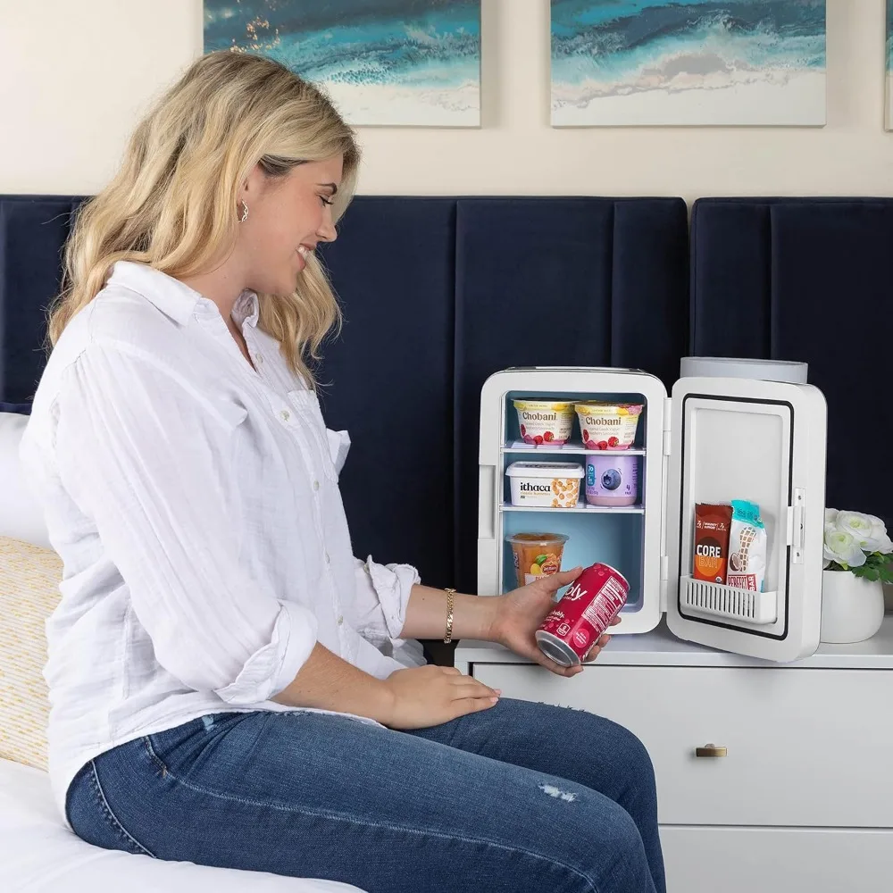 10-Liter-Minikühlschrank für Schlafzimmer – Schlafsaal, 12 V, tragbarer Kühler, wärmer, Lebensmittel, Getränke, Hautpflege, mit Glasfront, Fraktalrosa