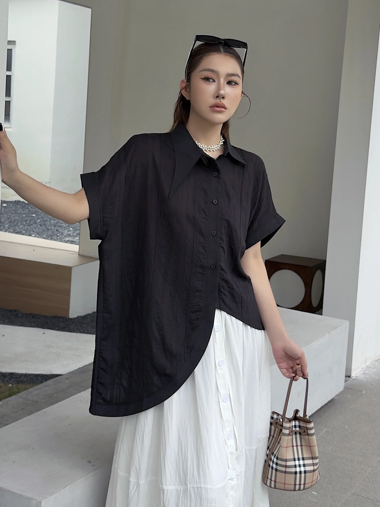 

Asymmetric Design Loose Short Sleeve Shirt Women's Summer 2026 Slimming Top Fashion Dark Style Polyester Fiber Batwing Sleeve