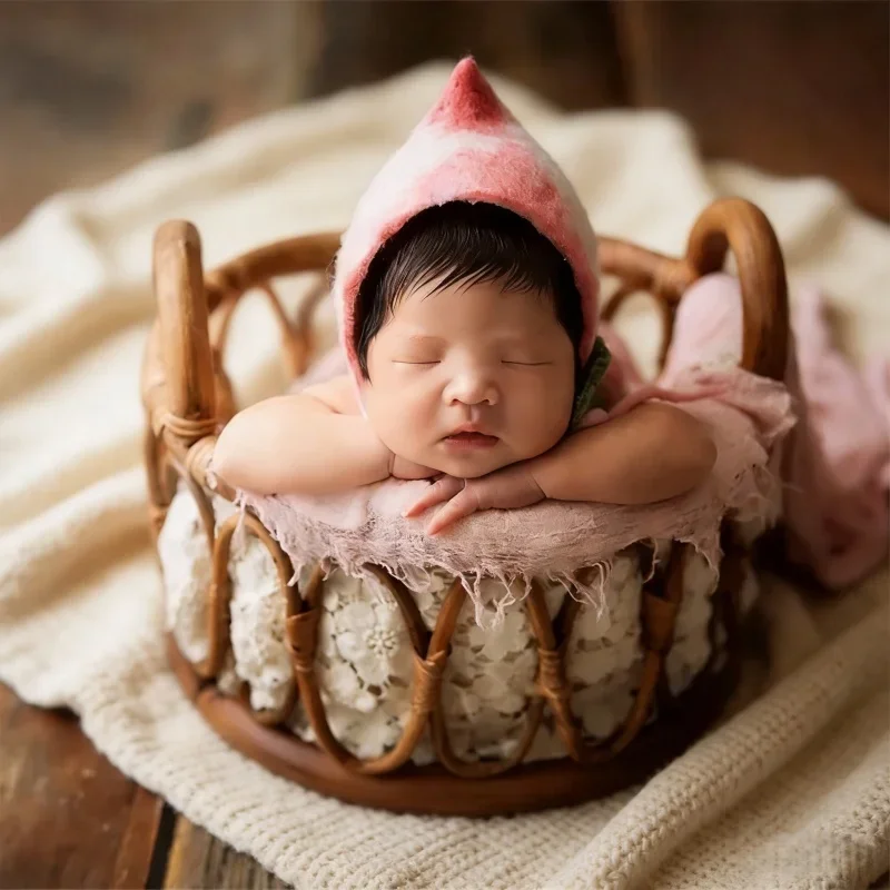 Retro Rattan Runder Korbstuhl Neugeborenen-Fotografie-Requisiten Baby-Foto-Zubehör Neugeborenen-Geschenk für Mädchen und Jungen Posierbett Hintergrund