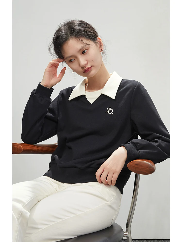 ZIQIAO Contrast Color Polo Collar American Sweater Pullover Women Autumn Loose Style Long-sleeved Chic Top Casual Female Hoodies