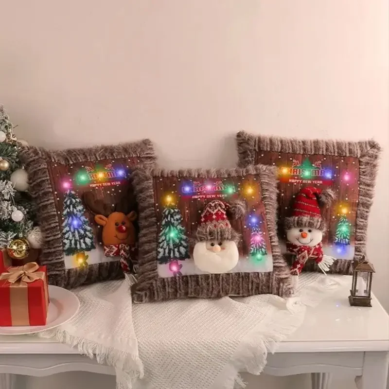 Christmas Light-Up Pillowcase Santa Elk Snowman Light Pillowcase Living Room Sofa Led Christmas Plush Luminous Hug Pillowcase