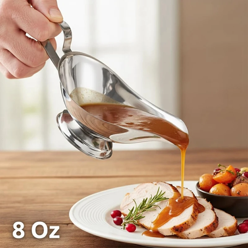 Stainless Steel Gravy Boat - Elegant Sauce Server with Gadroon Base & Easy-Pour Lip - Metal Sauce Boat for Gravy, Dressi Retail