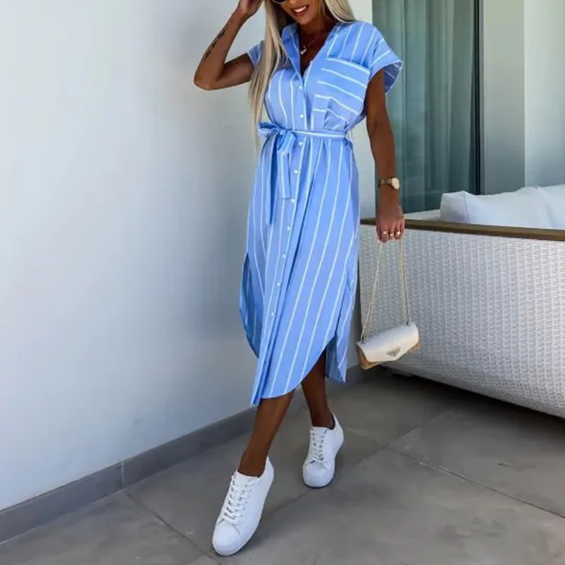 Ele stampato sciolto Midi Dr colletto da donna ort Sve gonna a trapezio a vita alta Faionable Summer Dr