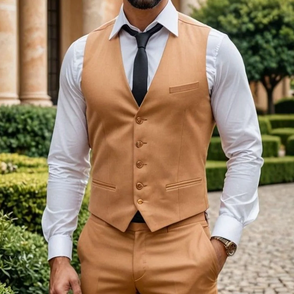 

Мужской классический жилет без рукавов из полиэстера с прорезными карманами, однобортный, для делового костюма, однотонный