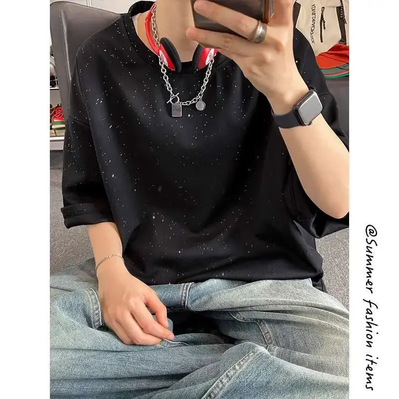 Pop Summer Short Sleeved T-shirt Men White Casual T Shirt Men Streetwear Hip-hop Loose Black Round Neck T Shirt Mens Top Large S